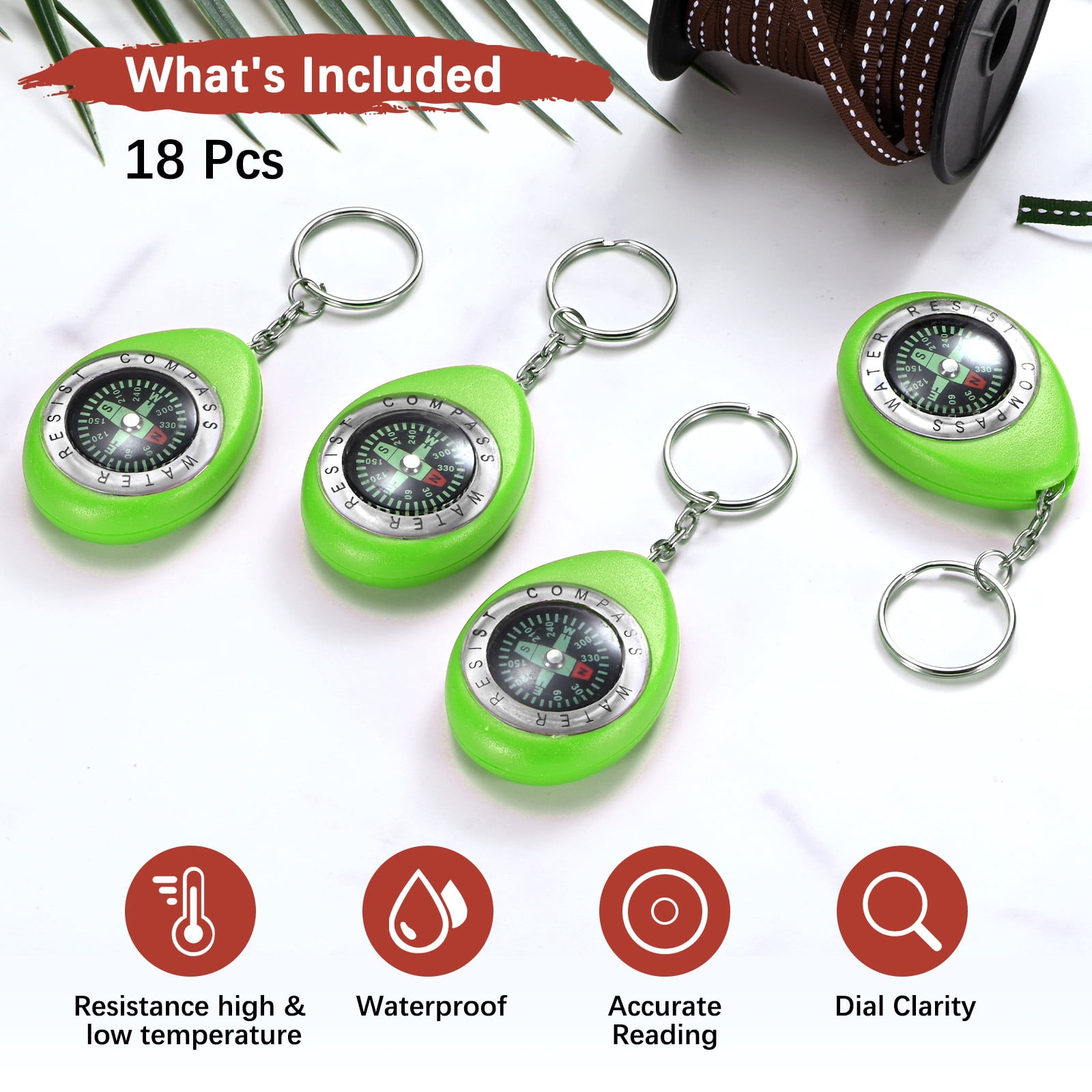 Keychain Compass [18PCS] - Survival Pocket Mini Compass Bulk with Key Ring for Hiking & Camping - [Green]