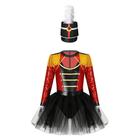 JanJean Kids Girls Honor Guard Costume Sets Long Sleeve Leotard Dress with Feather Hat Halloween Black 6