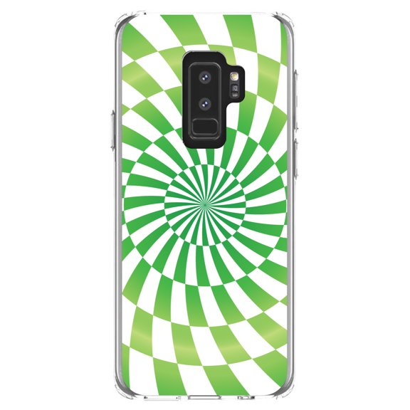DistinctInk Clear Shockproof Hybrid Case for Samsung Galaxy S9  PLUS (6.2" Screen) - TPU Bumper, Acrylic Back, Tempered Glass Screen Protector - Green White Swirl Geometric