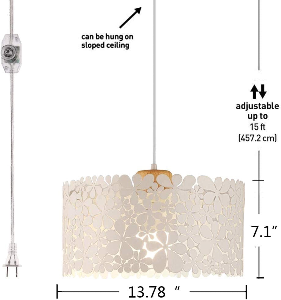Kiven Plug in Pendant Light, Modern Hanging Light Fixture with 15FT Plug in Cord, Iron Chain and On/Off Dimmer Switch E26 Socket