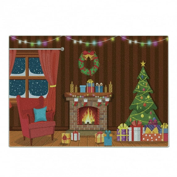 Fireplace Cutting Board, Christmas in Winter Night Happy Cartoon Noel Inspired Flourish Room, Decorative Tempered Glass Cutting and Serving Board, in 3 Sizes, by Ambesonne