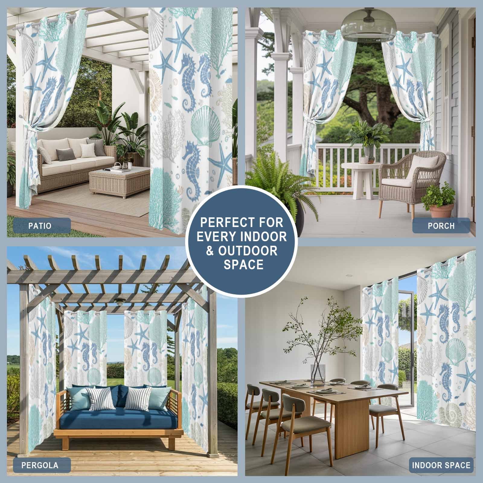 Coastal Blue Seahorse Outdoor Curtains for Patio, Summer Starfish Shell Coral Nautical Ocean Sunshade Privacy Drapes Grommet Waterproof Outside Curtains for Porch/Cabana/Balcony 54"x 108", 1 Panel