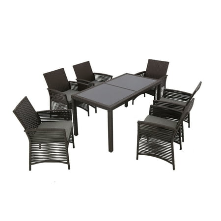 Rattan Garden Chairs And Table Baner Garden H19CH 7 Pieces Outdoor Patio Backyard Steel Frame Sofa Set Rattan Furniture Six Chairs and One Rectangle Table with Cushions, Chocolate ()
