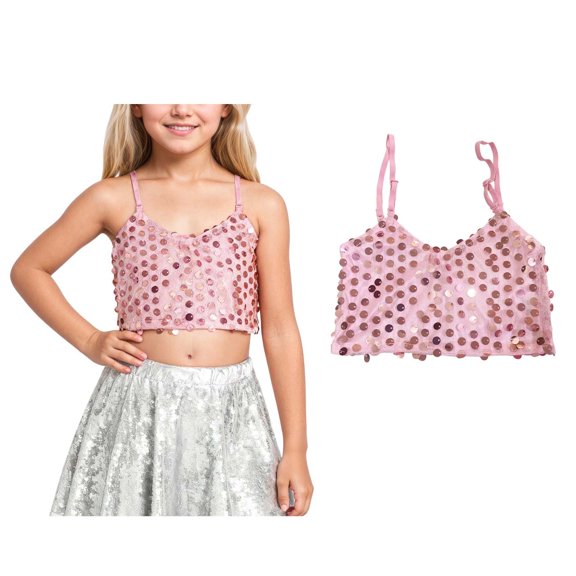 Girls Sequin Top Pink Tank Top Sleeveless Spaghetti Shoulder Straps Girls Cami Tank Tops Latin Jazz Hi Hop Performance