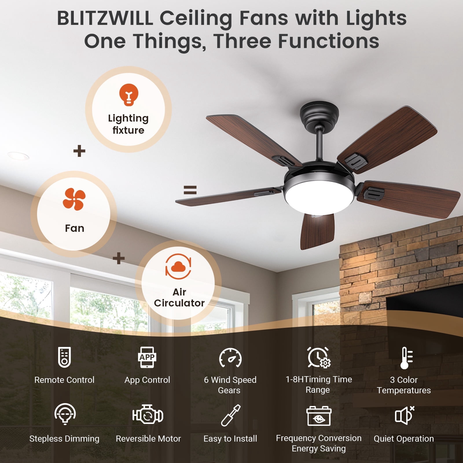 BLITZWILL Ceiling Fans with Lights and Remote & App Control, 42" Modern Ceiling Fan with 5 Dual-sided Blades, 6-Speeds Noiseless Reversible DC Motor for Farmhouse Bedroom Indoor, Walnut