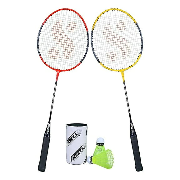 SB-100 Combo-5 (2 Badminton Rackets   2 Pcs Plastic Shuttle) Red-Yellow