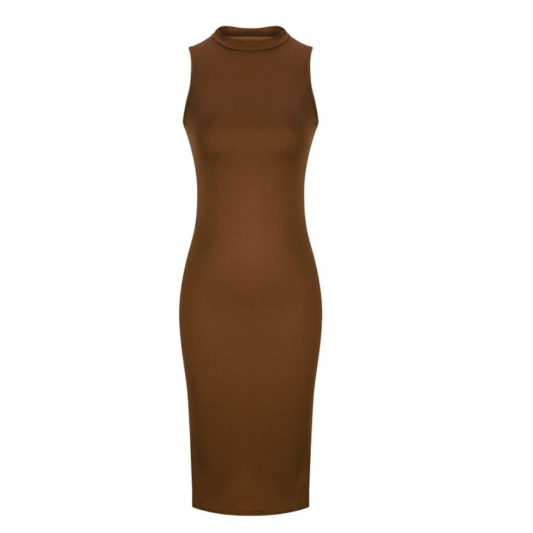 brown fitted tank dress Women's Crew Neck Bodycon Midi Dress
