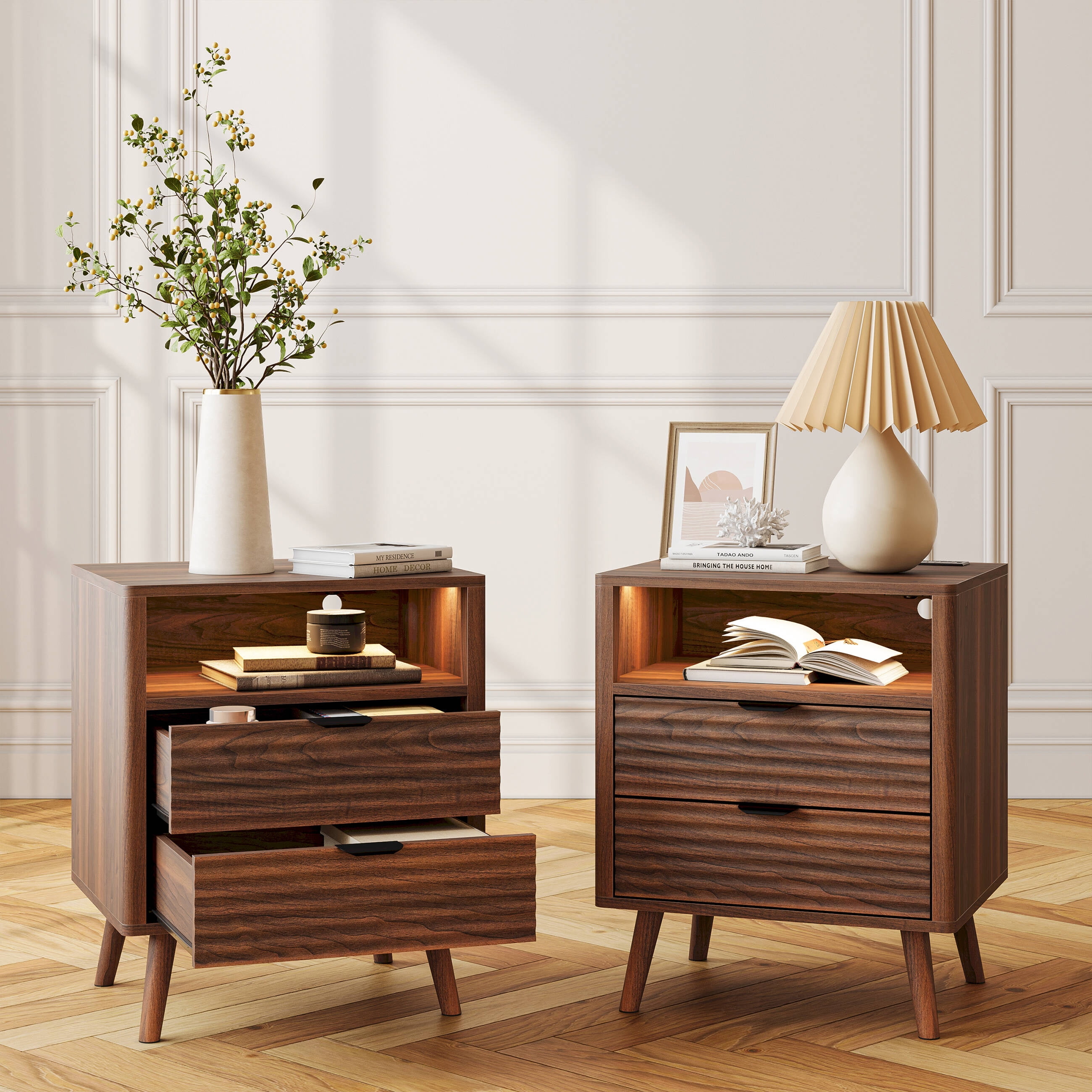 GUNAITO Fluted Nightstand Set of 2 for Bedroom with Charging Station Bedside Table with LED Light Wood Nightstand with Open Shelf and 2 Drawers Walnut
