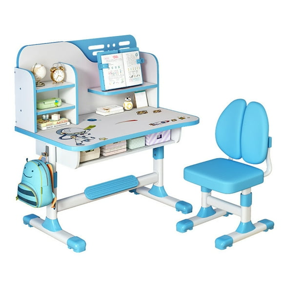 2Pcs/Set Premium Kids Study Desk Chair Set, Height Adjustable Children School Study Table Chair Set with Astronaut Pattern, Ergonomic Desk Chair with Large Writing Board, Bookshelf and Drawer