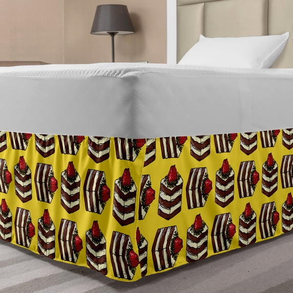 Dessert Bed Skirt, Graphic Pattern of Cake Slices with Strawberries on Top Creamy Tasty Foods, Elastic Bedskirt Dust Ruffle Wrap Around for Bedding Decor, 4 Sizes, Yellow Multicolor, by Ambesonne