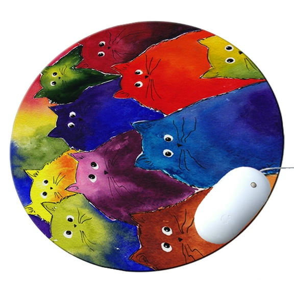 KuzmarK Round Mousepad / Hot Pad / Trivet - Very Colorful Two-Toned Silly Maine Coon Kitties Rainbow Background Art by Denise Every