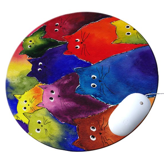 KuzmarK Round Mousepad / Hot Pad / Trivet - Very Colorful Two-Toned Silly Maine Coon Kitties Rainbow Background Art by Denise Every