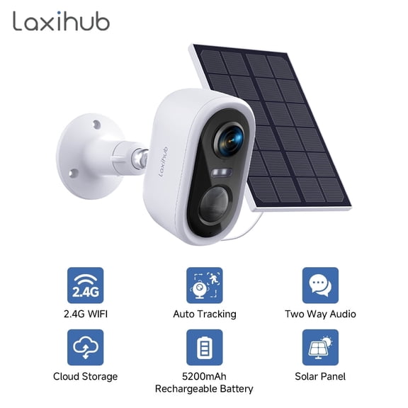Laxihub Solar Outdoor Security Camera Wireless WiFi 3MP Motion Detection Color Night Vision