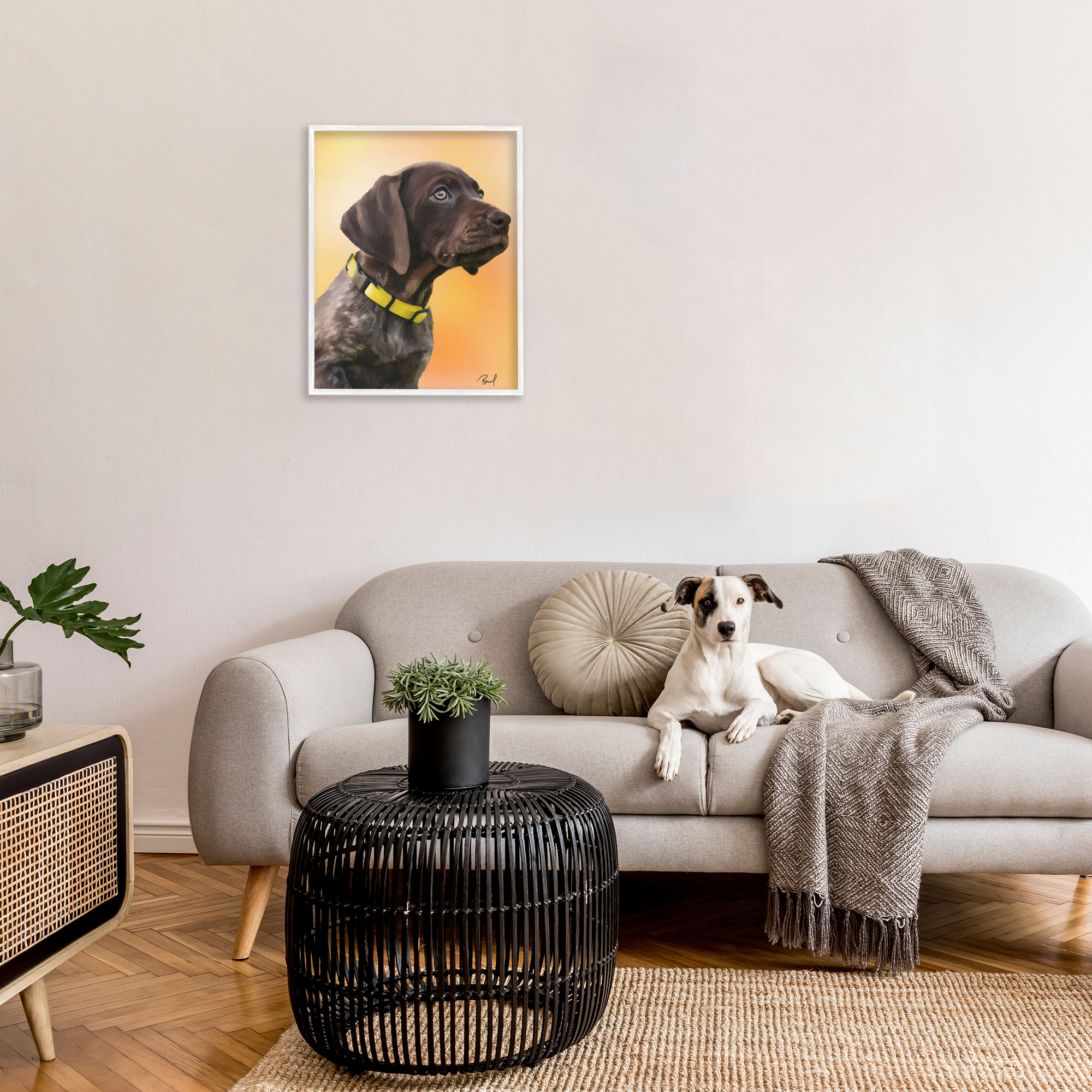 Stupell Industries Lab Puppy on Orange Animals & Insects Painting White Framed Art Print Wall Art, 24 x 30