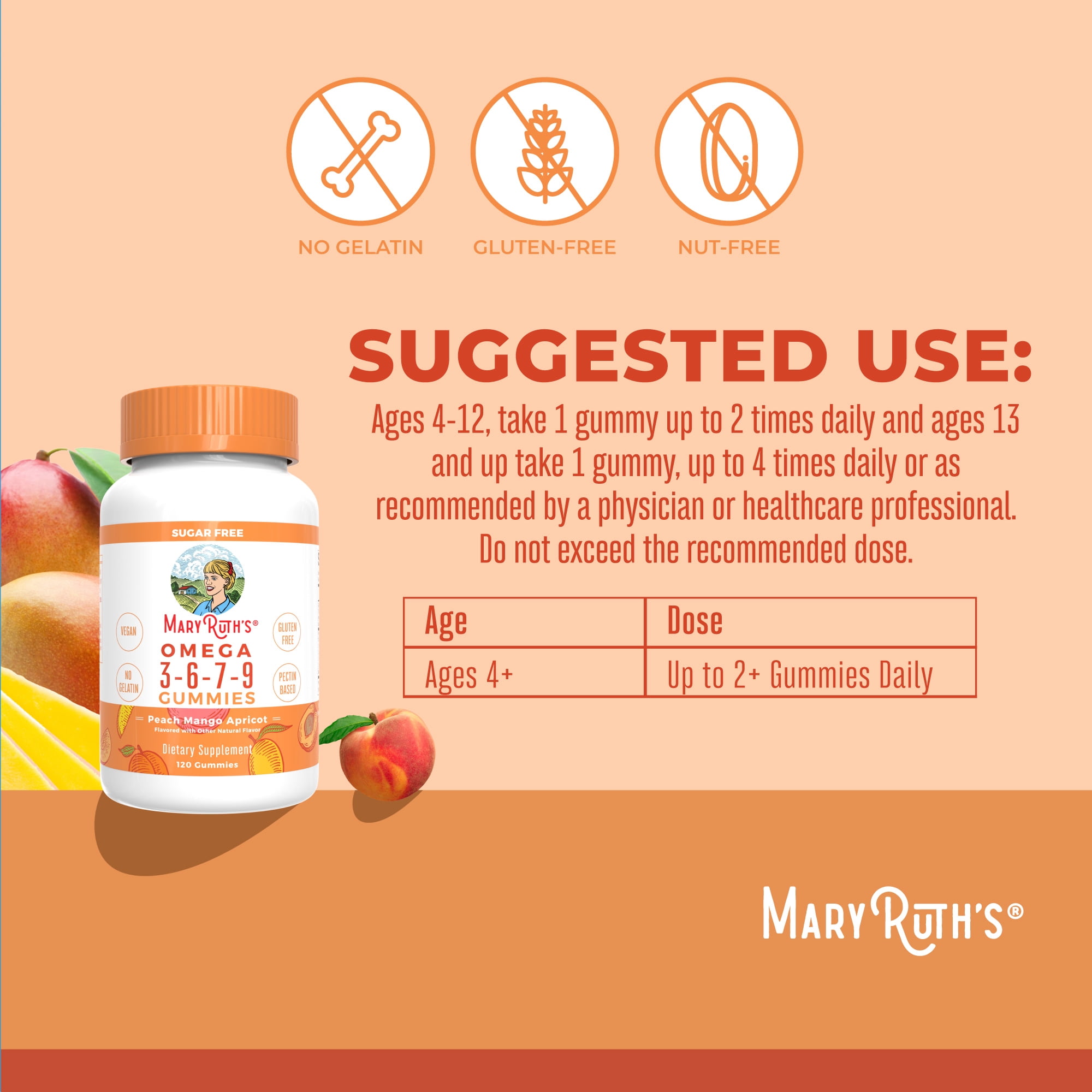 MaryRuth's Omega 3-6-7-9 Dietary Supplements, Vegan, Gluten-Free, Dairy-Free Gummies, 120 Count