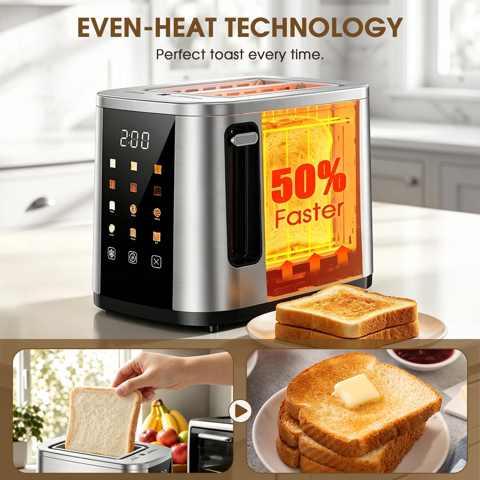 ONSON 2 Slice Toaster, LED Touchscreen, Stainless Steel，Wide Slot, 800W, 6 Bread Modes, Auto Timer, Kitchen Essential