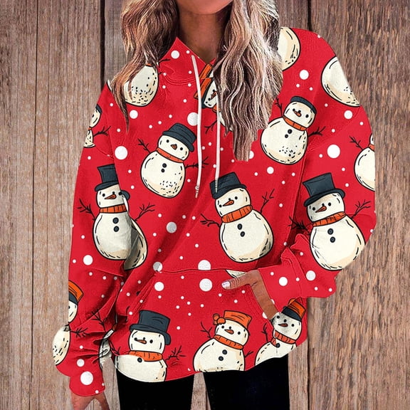 USSUMA Hoodie for Women Christmas Pullover Womens Long Sleeved Pocket Drawstring Pullover Print Comfortable Plus Size Tops Ladies Athletic Fall Winter Shirt Red