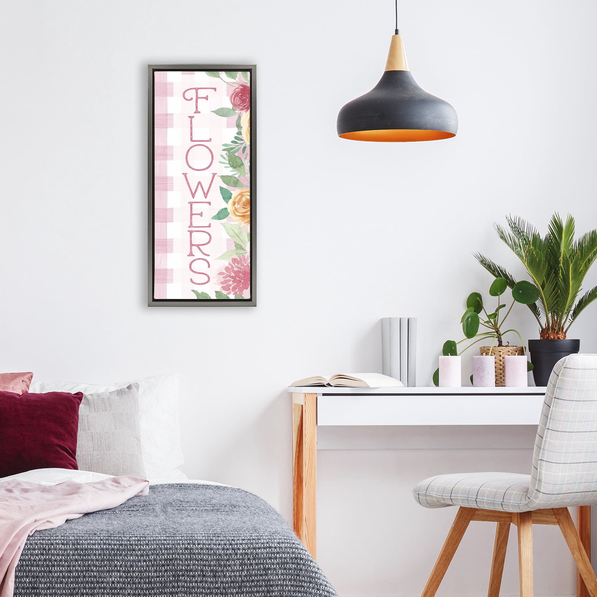 Stupell Industries Pink Gingham & Flowers Gray Framed Floater Canvas Wall Art, design by Lux + Me Designs