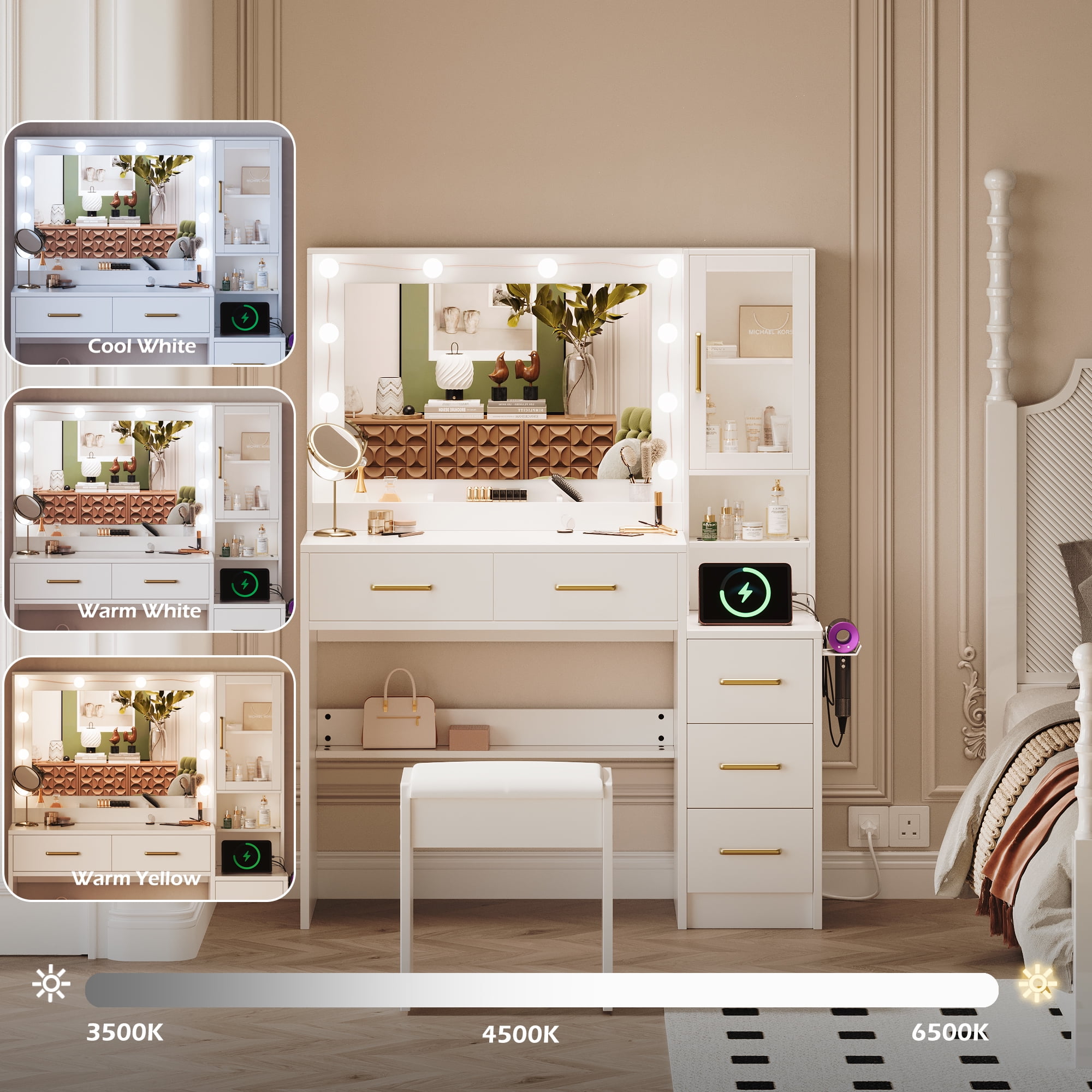 UGTOO 35.4" White Makeup Vanity Desk with LED Mirror, Solid Wood Frame, 5-Drawer Dressing Table, Gold Handles
