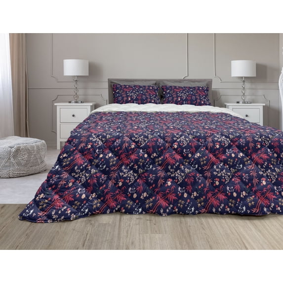Leaves Comforter & Sham Bedding Set, Bamboo and Flowers Oriental Art Inspirations on Dark Indigo Toned Background, 3 pcs Duvet Set Microfiber Filling Quilt, 5 Sizes, Multicolor, by Ambesonne
