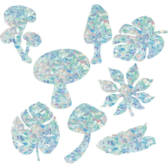 16Pcs 8 Styles Rainbow Window Stickers Mushroom Window Clings Static Non Adhesive Collision Glass Stickers Vinyl Film Waterproof Laser Stained Decals