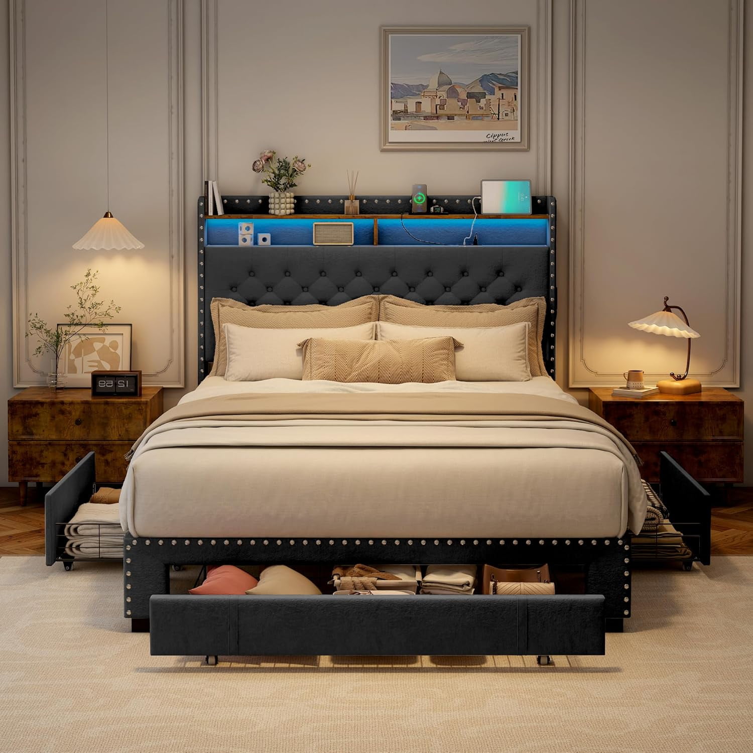 Pipleo Full Size Bed Frame with headboard, Full Bed Frame with 3 Drawers, Velvet Upholstered Platform Bed Frame with Storage, LED Lights and Charging Station