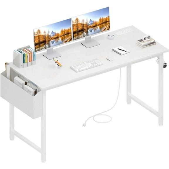 Lufeiya White Computer Desk with Power Outlet, 47 inch Teen Study Table Home Office Work Writing Gaming Desks with Charging Station Outlets Built in, White
