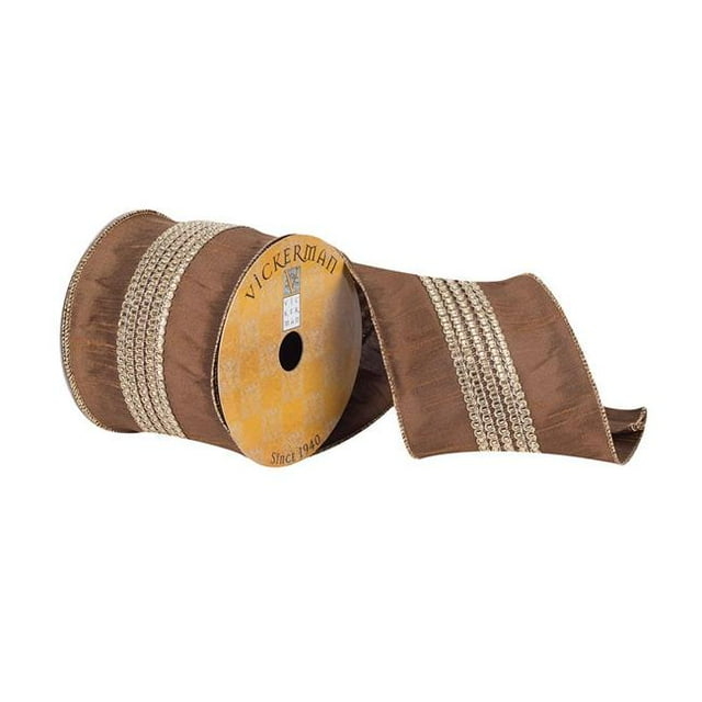 Vickerman Q181417 4 in. x 10 Yards Chocolate Dupioni Ribbon Gold Center