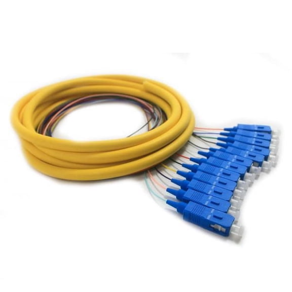 12 Strand Fiber Distribution Pigtail, Singlemode, SC/UPC Connectors, Blue Boots, 9.8 Feet (3 Meter) - Color Coded, Low Insertion Loss