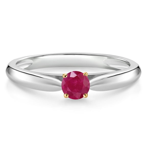 Gem Stone King 0.25 Ct Round Red Ruby 925 Silver and 10K Yellow Gold Solitaire Engagement Ring (Size 6)