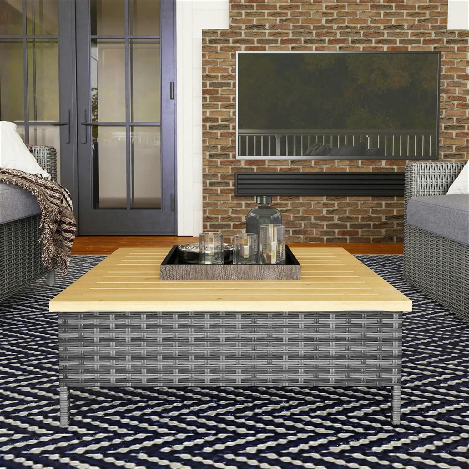 Demi Bonn 27" Rattan Side Table with Natural Fir Wood Top End Table, Weatherproof Outdoor Accent Table for Patio, Deck, Poolside, Gray