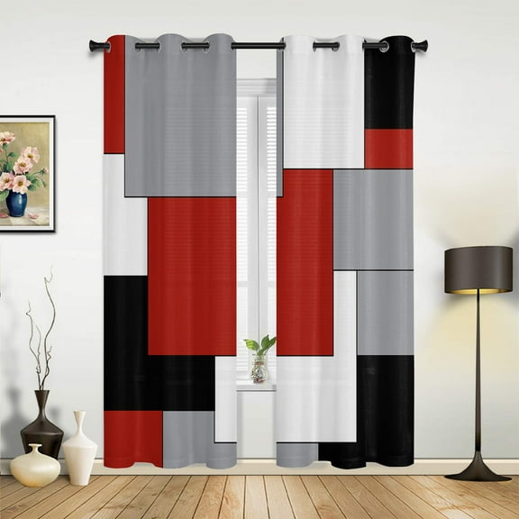 2 Panels Red Black Grey Patchwork Abstract Art Medieval Style Curtains for Bedroom Living Room Drapes Kitchen Window Curtain Home Decor
