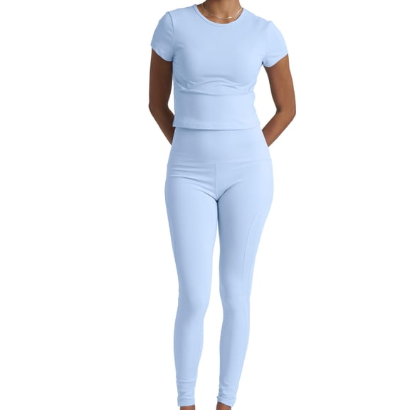 Two Piece Workout Set for Women High Waist Leggings and Short Sleeve Athletic Tops Matching Pilates Gym Sets Yoga Outfits
