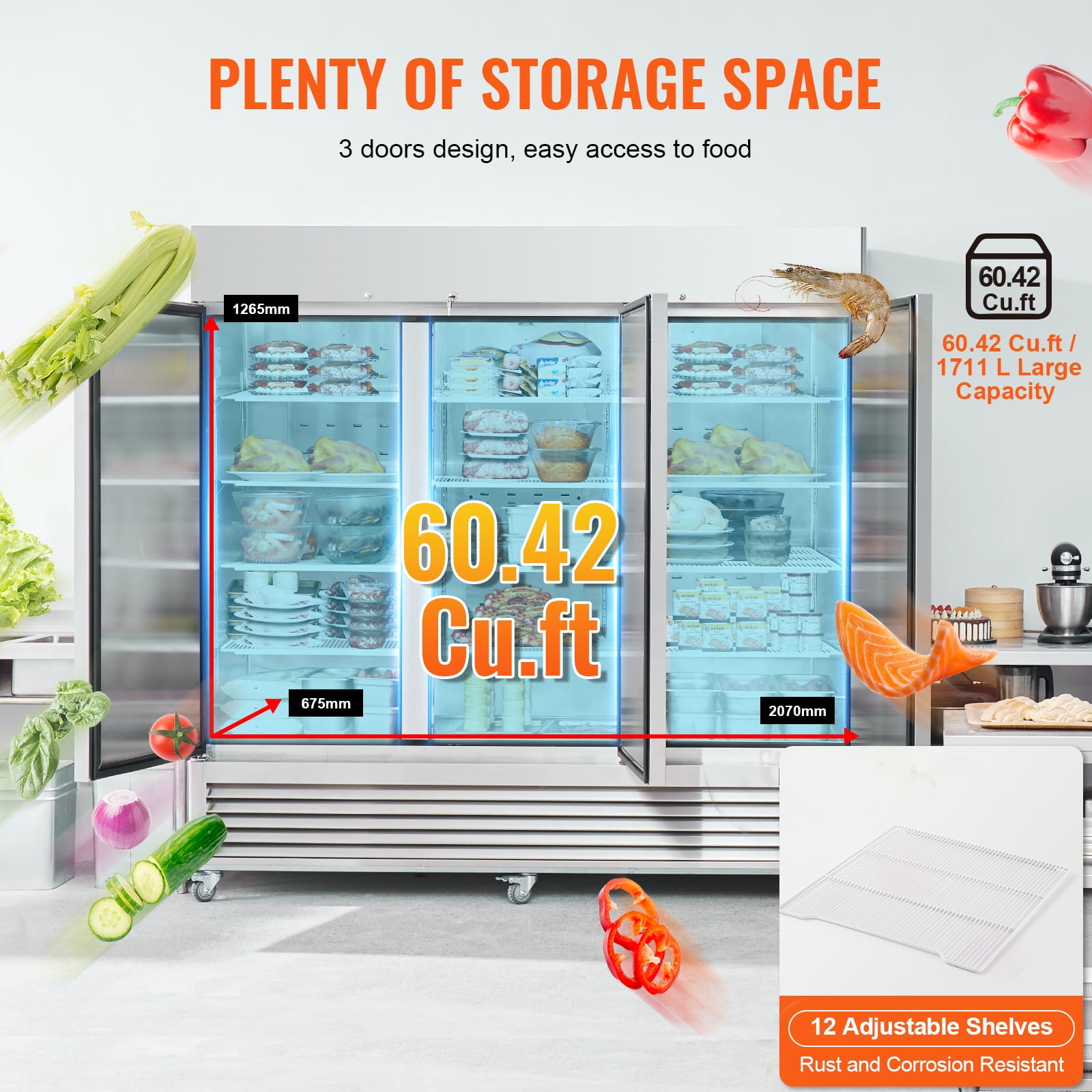 KFFKFF  60.42 Cu.ft Reach-In Refrigerator Commercial Upright Refrigerator 82.5" Wide with Triple Doors, Stainless Steel Auto-Defrost 12 Adjustable Shelves, Temperature Range -13 to 5℉