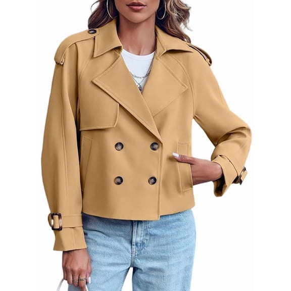 Osfvolr Women Long Sleeve Double Breasted Notched Lapel Casual Loose Fit Cropped Trench Jackets with Pockets Khaki S