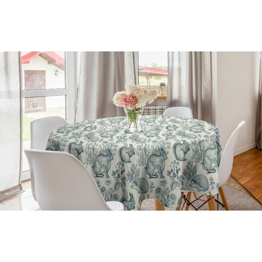 Animal Round Tablecloth, Sketch of Bunnies Hedgehog Squirrel Strawberry Herbs Daisy Flowers Print, Circle Table Cloth Cover for Dining Room Kitchen Decor, 60", Eggshell and Dark Teal, by Ambesonne