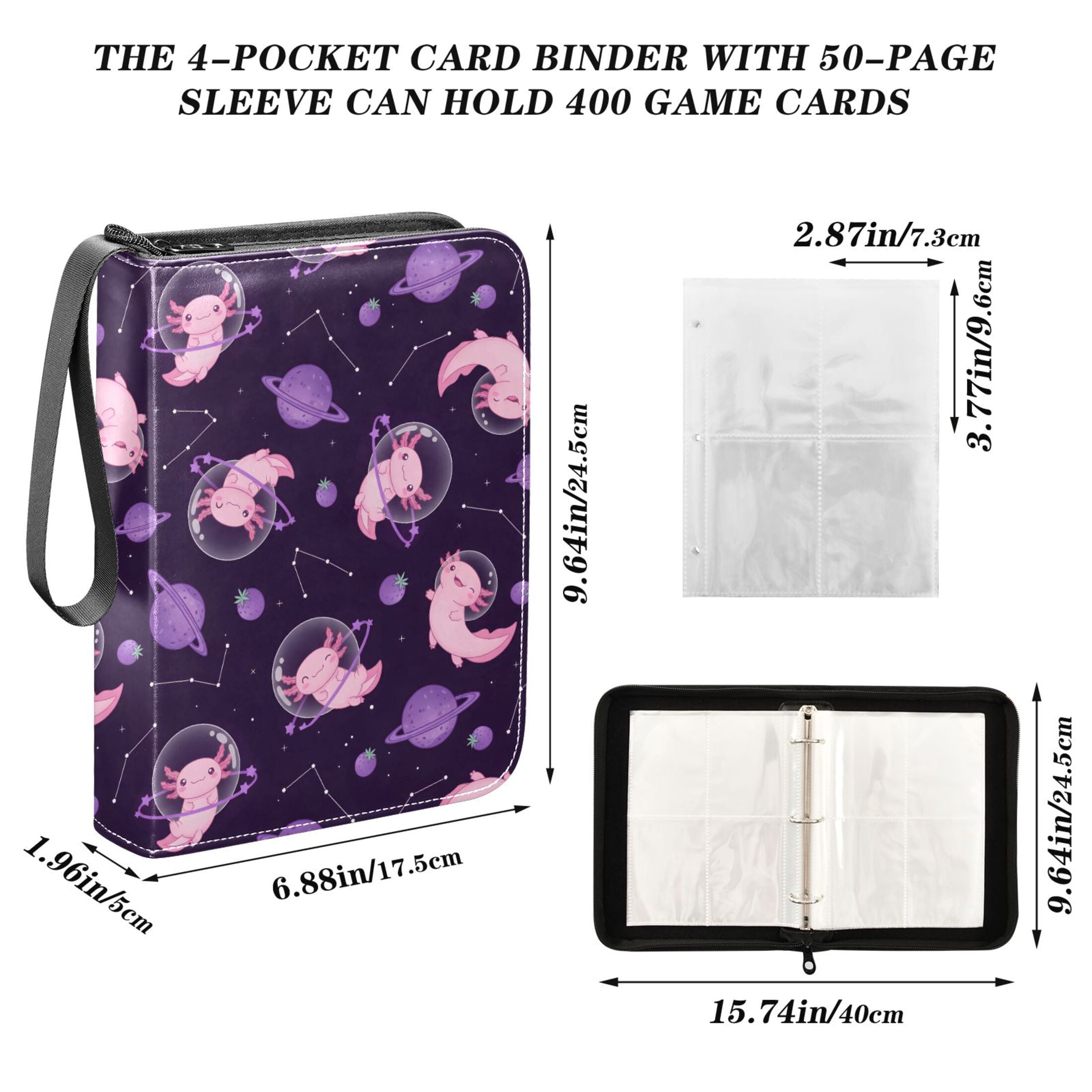 ALAZA Cute Axolotl Planet Trading Card Binder 4 Pocket Cards Collection Album 400 Folder Holder