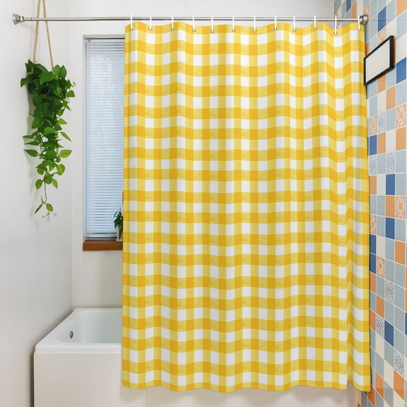 Shower Curtain, Rustic Minimalist Buffalo Plaid Waterproof Polyester Fabric Bath Curtain with Hooks for Bathroom Bathtub Stalls, Farmhouse Yellow Gingham 72x84IN