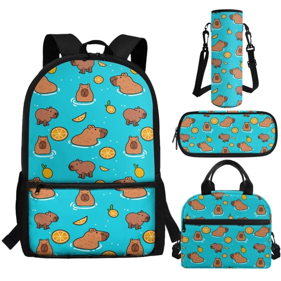 Jeiento Capybara Backpack for Girls 8-12 School Bag Boys with Lunch Bag Pencil Case Water Bottle Sleeve 4Pcs/Set Lemon Bookbag Elementary School Satchel Kids Child Daypack Teal