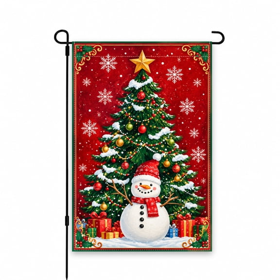 Christmas Garden Flag 12x18 Inch with Snowman, Decorated Tree & Gifts Artwork on Red Background – Festive Outdoor Yard, Lawn, Patio, Porch Decoration