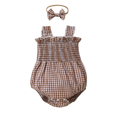 

Suanret Newborn Baby Girls Sling Romper Plaid Sleeveless Frill Bodysuit Summer Casual Jumpsuit with Bow Headband Brown 0-3 Months