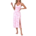 thumbnail image 2 of INSPIRE CHIC Women's Nightgown Chemise Floral Split Midi V Neck Bow Spaghetti Strap Cami Lingerie Pajama Dress L White with Pink Floral, 2 of 6