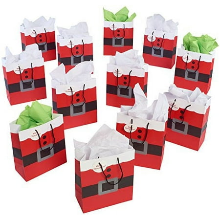 Prextex Christmas Gift Bags - Santa Claus Suit Medium Gift Bags Christmas Santa Gift Bags - 12 Piece Pack - Paper bags with handles - Paper Christmas Bags