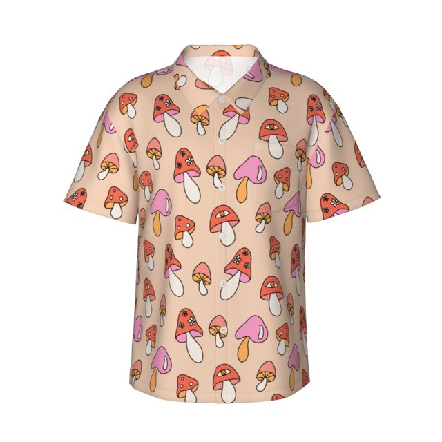 Balery 70s Mushroom Camisas hawaianas de manga corta para hombre, camisas playeras de corte holgado, camisas de vacaciones con botones,Medium