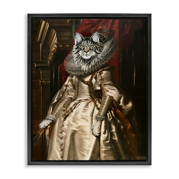 Stupell Industries Renaissance Cat Portrait History & Language Painting Black Floater Framed Canvas Art Print Wall Art, 17 x 21