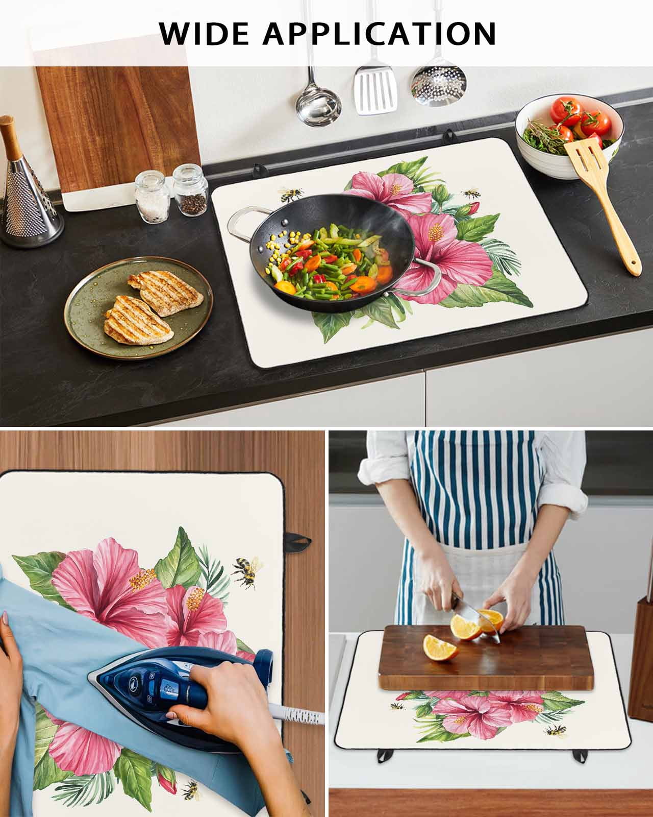 nqOlkjepod Large Induction Cooktop Protector Mat 24"x21", Summer Red Flower Stove Top Covers for Electric Stove, Green Leaves Country Floral Pastoral Stove Burner Cover Mats, Glass Top Stove Cover
