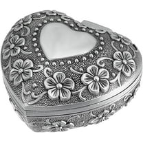 Vintage Heart Shape Jewelry Box Small Metal Trinket Box Silver Flower Carved Wrapping Gift Box for Women Ring Earrings Necklace Trinket Keepsake Storage Organizer Treasure Chest