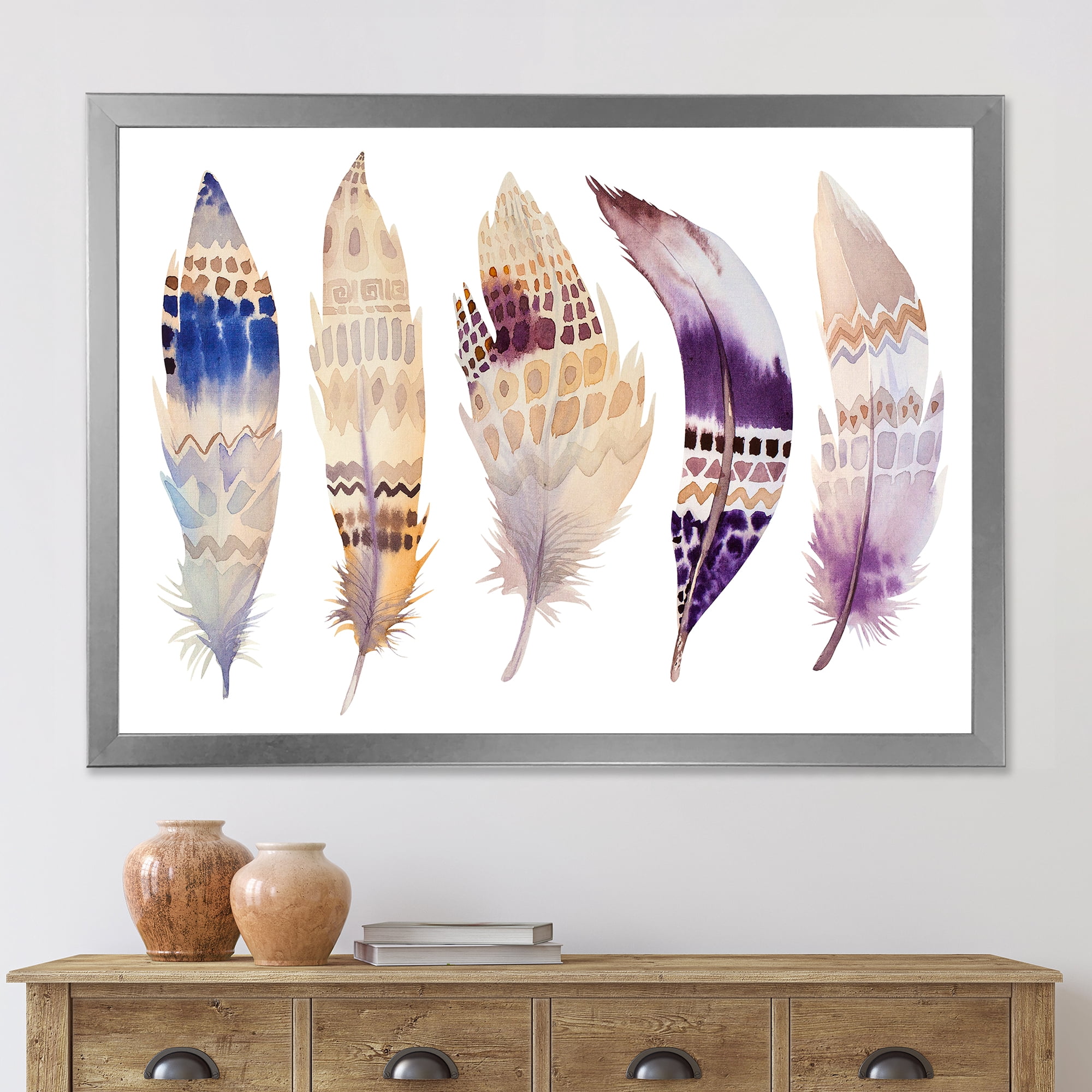 Designart 'Ethnic Purple Boho Art Feathers' Bohemian & Eclectic Framed Art Print