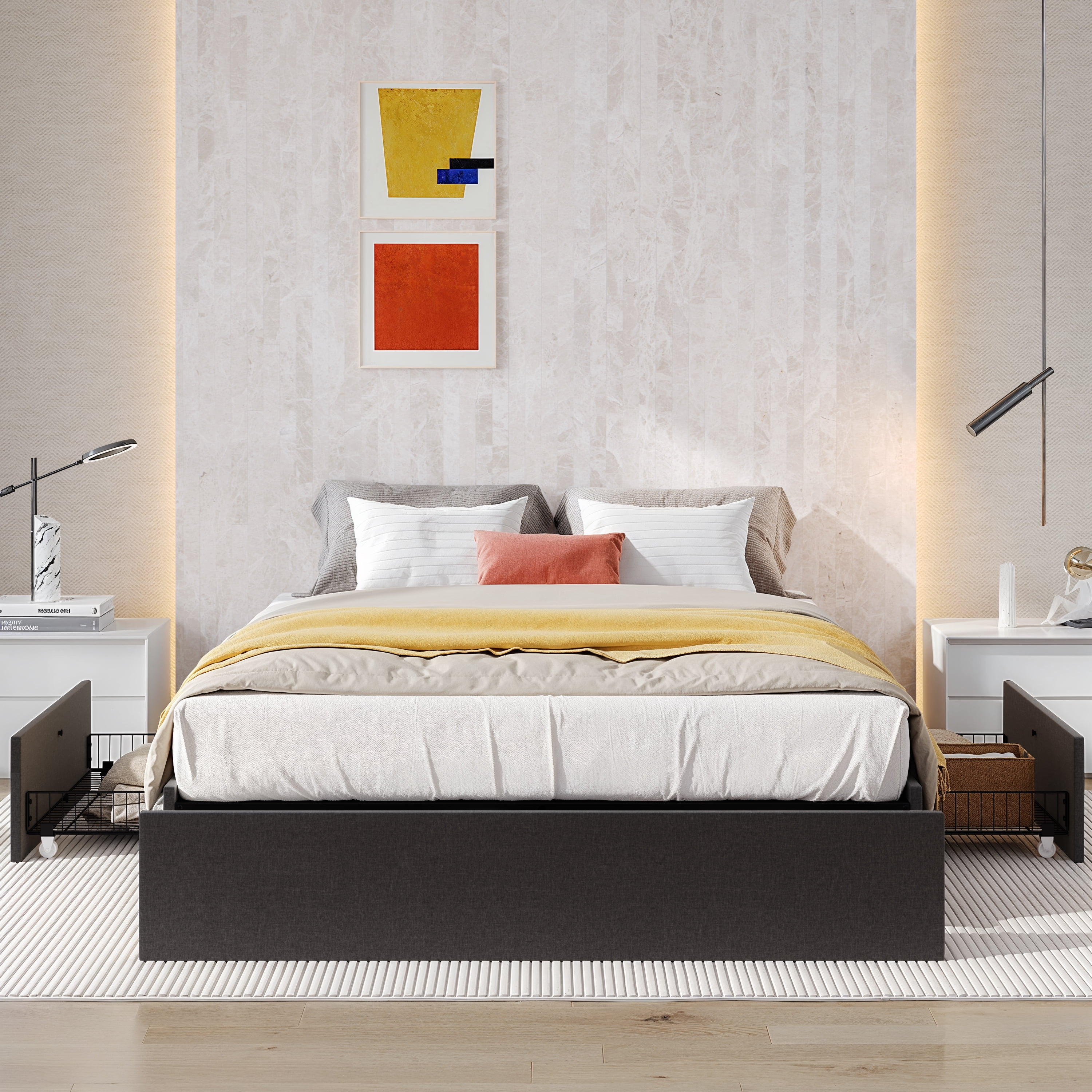 SHA CERLIN Dark Grey Queen Size Platform Bed Frame with 3 Storage Drawers, Adult