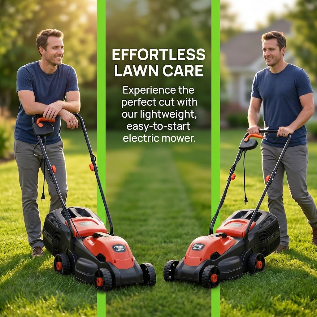Kadyn 14 Inch 12 Amp Electric Push Corded Lawn Mower with 30L Grass Bag, 3 Adjustable Cutting Heights, Foldable Handle, One-Touch Start, Red
